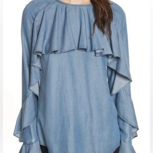 VERONICA BEARD JEANS Mia Jean Blouse  Ruffled Chambray SZ S
